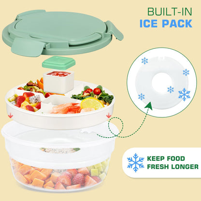 Reeple Salad Container for Lunch, Bento Lunch Box 58-oz with 4 Compartments Tray and Ice Pack, Leak-Proof Salad Bowl with Lid for Adults, BPA-Free Lunch Box for Meal Prep & Food Storage(Green)