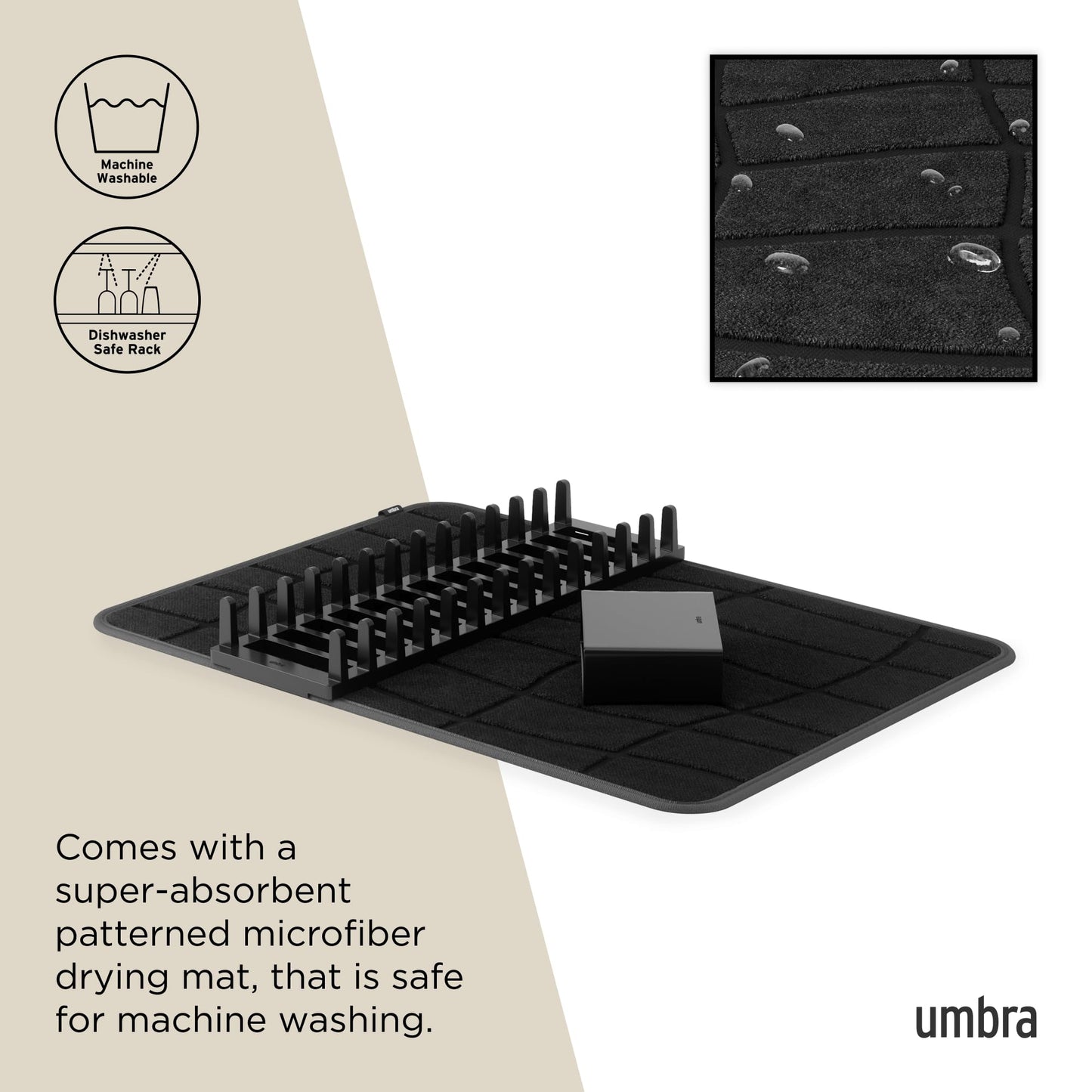 Umbra UDry Dish Drying Rack with Mat – Kitchen Countertop Dish Drainer & Absorbent Microfiber Drying Mat, Foldable Dish Rack Organizer for Plates, Cups & Utensils, Black