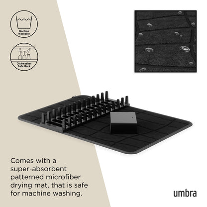Umbra UDry Dish Drying Rack with Mat – Kitchen Countertop Dish Drainer & Absorbent Microfiber Drying Mat, Foldable Dish Rack Organizer for Plates, Cups & Utensils, Black