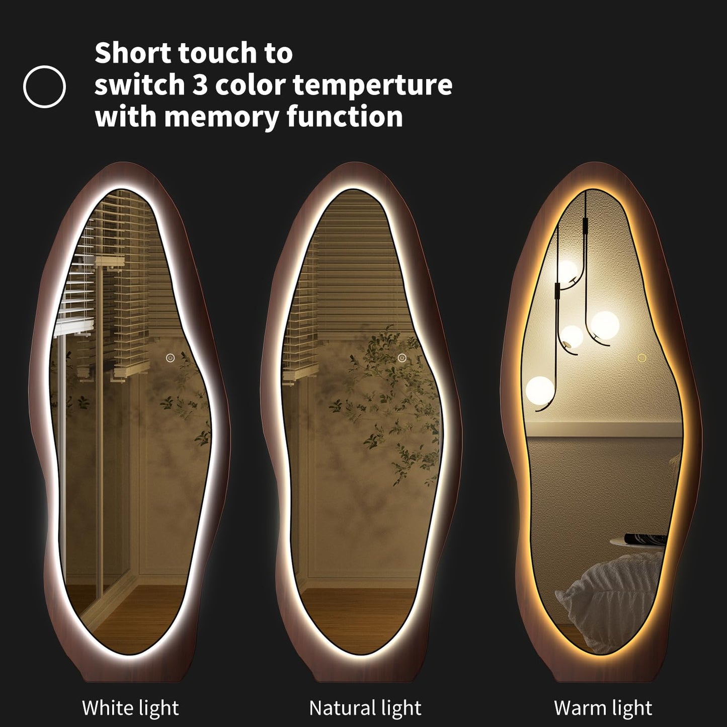 osemy 67"x 26" LED Wood Full Length Mirror with Lights Irregular Wavy Full Body Mirror Shatter-Proof Hanging/Leaning Wall Mounted Walnut Wooden Framed for Dressing Bedroom Living Room