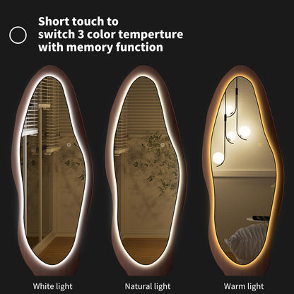 osemy 67"x 26" LED Wood Full Length Mirror with Lights Irregular Wavy Full Body Mirror Shatter-Proof Hanging/Leaning Wall Mounted Walnut Wooden Framed for Dressing Bedroom Living Room