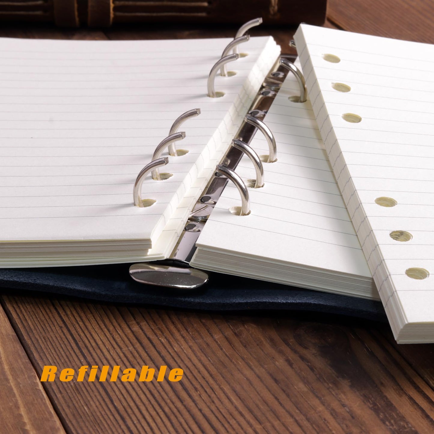 Fishknow A6 Refillable Notebook,Blue Genuine Leather 5x7In 6 Ring Binder Journal for Women Men