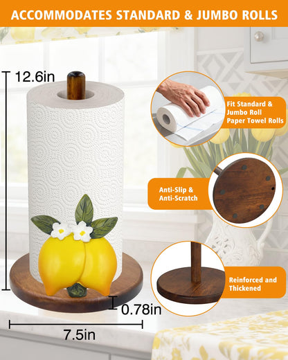 Lemon Paper Towel Holder, Yellow Lemon Kitchen Decor for Countertop, Gifts for Women, Wooden Stand with 3D Resin Fruit Accent, Non-Slip Base, Fits Standard & Jumbo Rolls