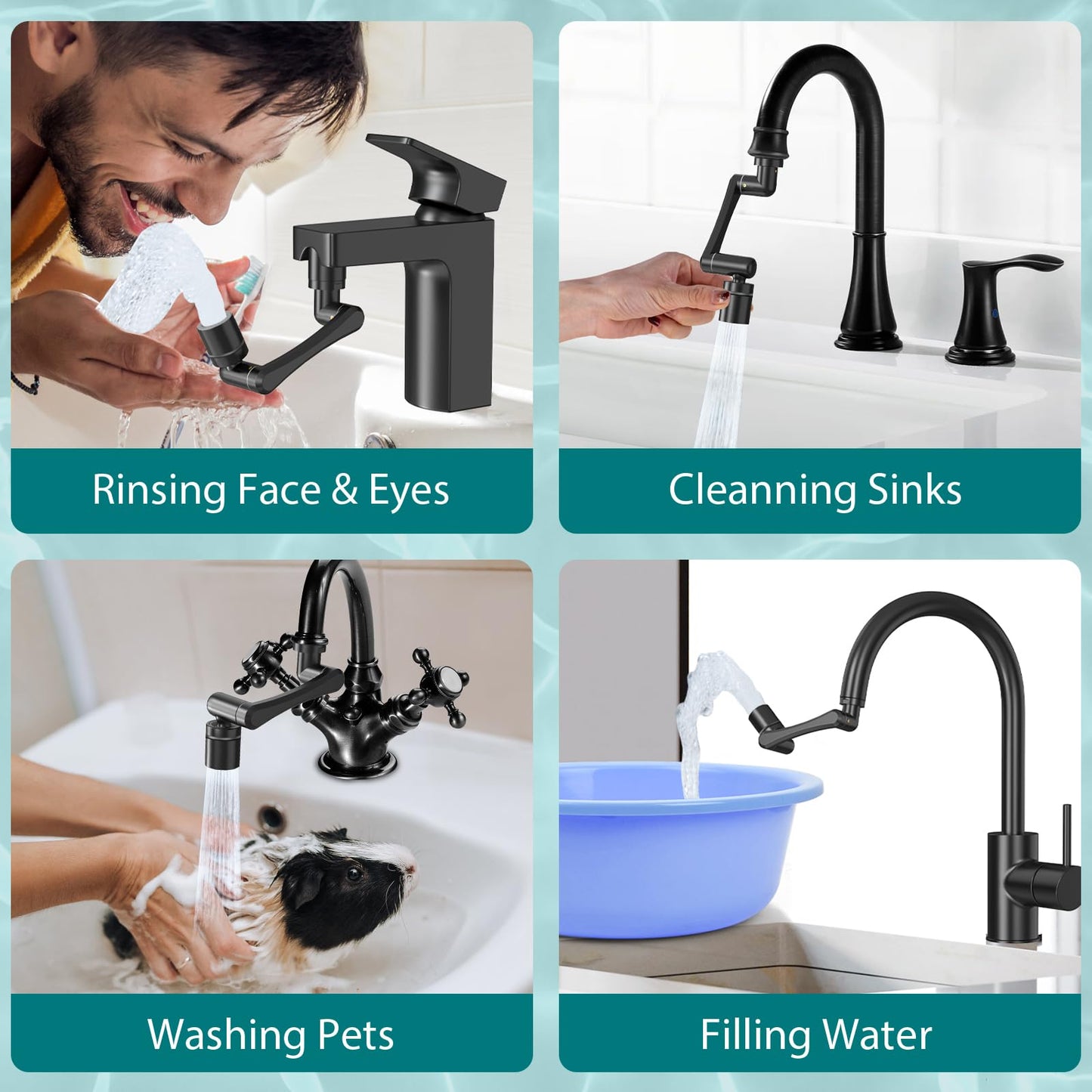 CECEFIN 1440° Rotating-Faucet-Extender Sink Aerator - 1080°+360° Large-Angle Splash Tap Extension with 2 Water Outlet, Swivel Multifunctional Robotic Arm for Kitchen/Bathroom, Black
