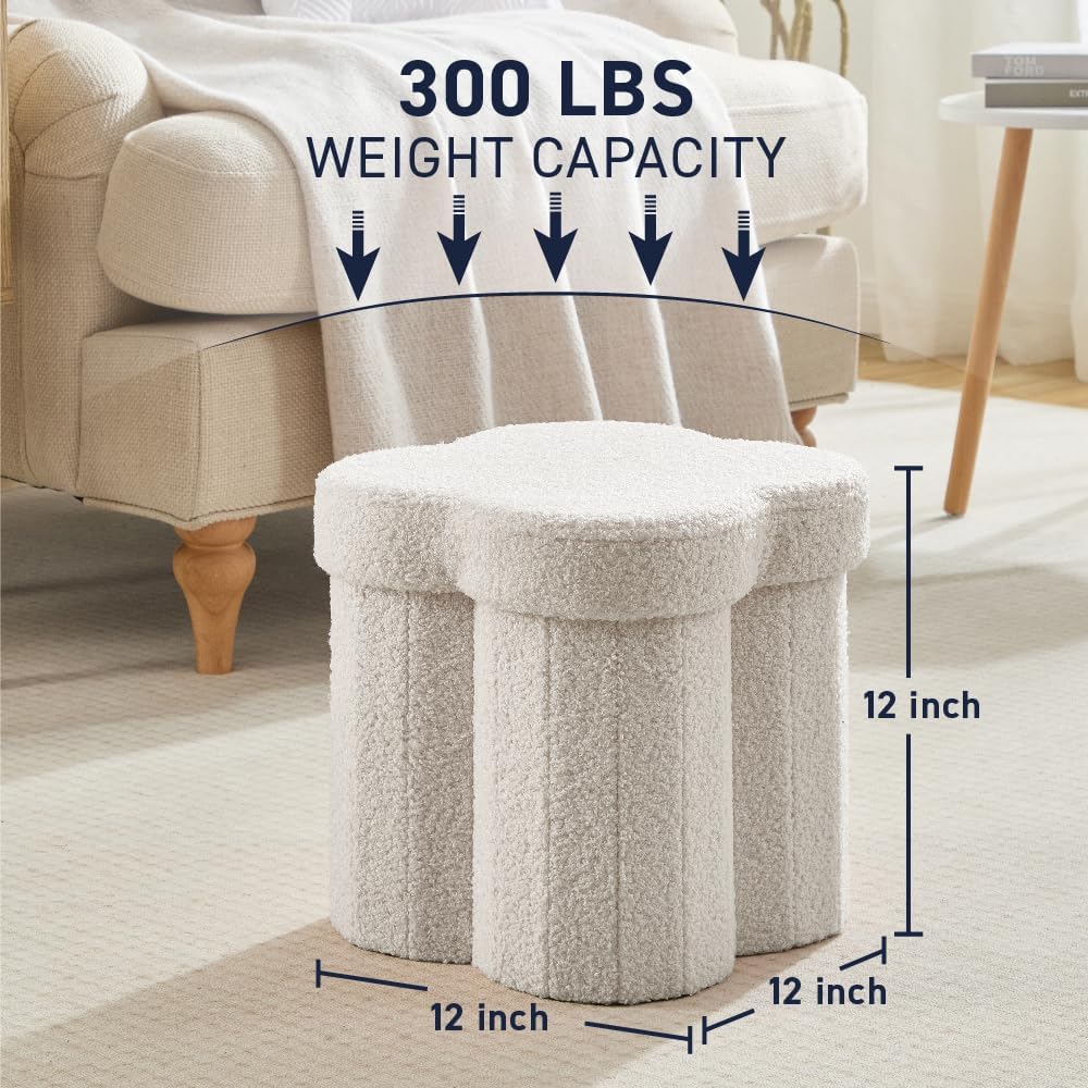 12" Inch Ornavo Home White Boucle Storage Ottoman Cube Flower-Shaped Footstool with Hidden Storage, Faux Teddy Fur Foot