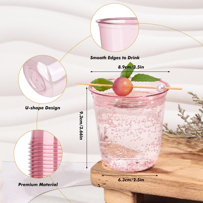 KesaPlan 50 Pcs Pink Plastic Cups, 12oz Disposable Stemless Wine Glasses for Cocktail Cute Clear Cocktail Wine Glasses Pink Party Cups for Valentine's Galentine's Day Wedding Christmas Party