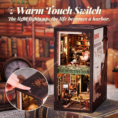 Fsolis Book Nook Kit, 3D Wooden Puzzle for Adult DIY Miniature Kit Decorative Bookend Bookshelf Bookcase Decor Gifts for Women Readers Book Lovers(Rose Detective Agency)