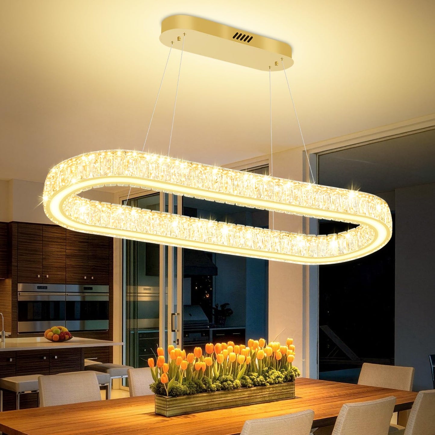 IDEQUY Gold 40in Crystal Ring Chandeliers for Dining Room Dimmable Linear Oval Crystal Ring Pendant Light for Kitchen Island 1 Linear Chandelier LED Acrylic Pendant Lighting