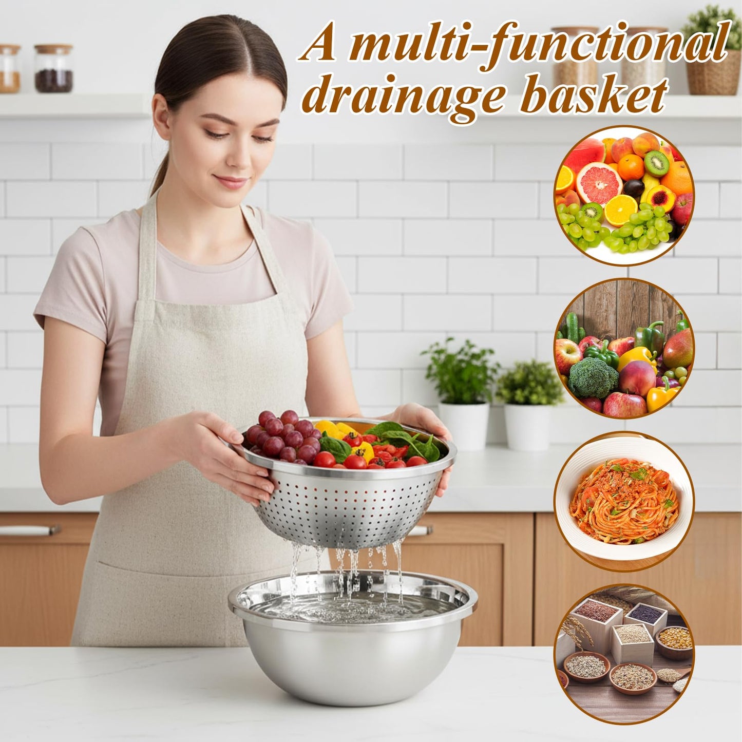 HANLANXUE 304 Stainless Steel Colander and Strainer, 5QT Large Capacity with Mixing Bowl, Micropore for Washing Rice, Vegetables, Fruit, Grain, Bean, and Draining Cooked Pasta, Dishwasher Safe