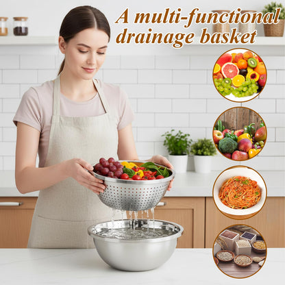 HANLANXUE 304 Stainless Steel Colander and Strainer, 5QT Large Capacity with Mixing Bowl, Micropore for Washing Rice, Vegetables, Fruit, Grain, Bean, and Draining Cooked Pasta, Dishwasher Safe