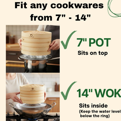 HAPPI STUDIO Bamboo Steamer Basket Set - 10 Inch Large Dumpling 2 Tier for Pots - Asian Cooking Dim Sum Bao Buns Momo Rice - Natural Chinese Steam Baskets Kit with Stainless Steel Ring (10-inch Extra Deep Bamboo Steamer w/ Ring)