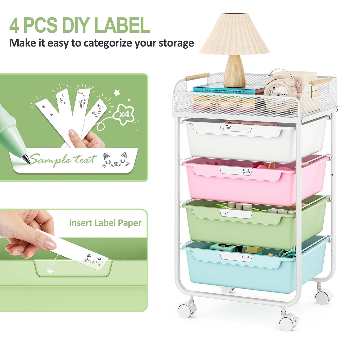 SYKIARIOL Rolling Cart with 4 Drawers,4 Tiers Rolling Utility Cart Craft Cart,Rolling Storage Drawer Cart with Mesh Top,Storage Cart with Drawers & 4 PCS DIY Lable, Classic Colorful