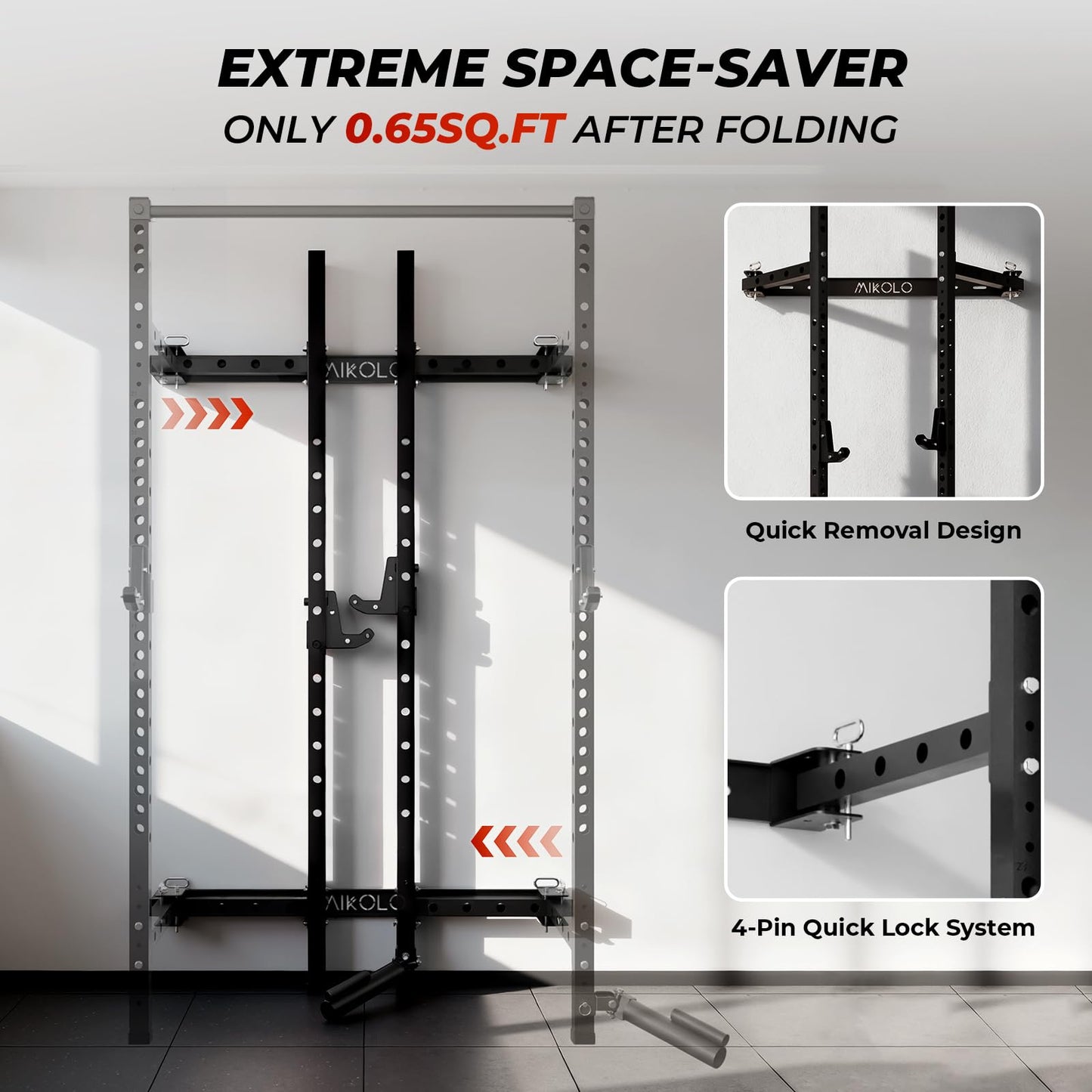 Mikolo 2" x 2" Folding Wall Mounted Squat Rack, 1000 Pounds Capacity Power Rack with Safety Catches, Pull Up Bar, J Hooks and Landmine Attachment, Space-Saving Home Gym(Black