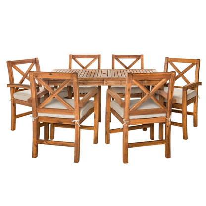 Walker Edison Delray Classic 7 Piece Acacia Wood Outdoor Dining Set with X Back Chairs, Set of 7, Brown