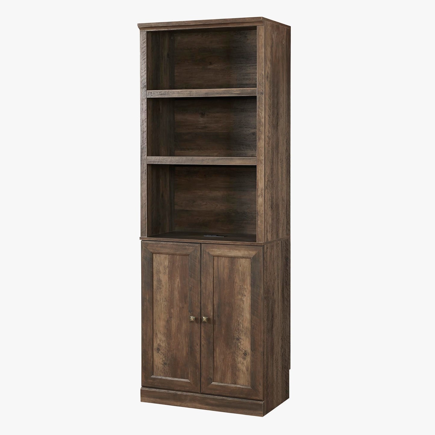 DiMorture 81" Tall Bookcase with USB Port, Wooden Book Cases Organizer with 3 Open Shelves and 2 Doors, Free-Standing Library Bookshelf Side Cabinet for Living Room, Bedroom (Brown)