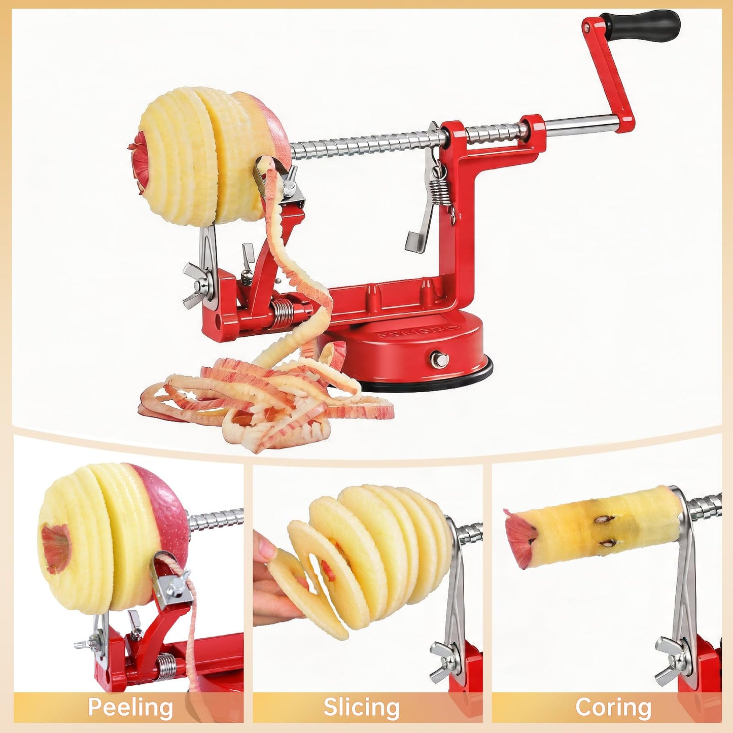 Apple Peeler Slicer Corer with Stainless Steel Blades and Powerful Suction Base for Apples Pears Potatoes(Red)