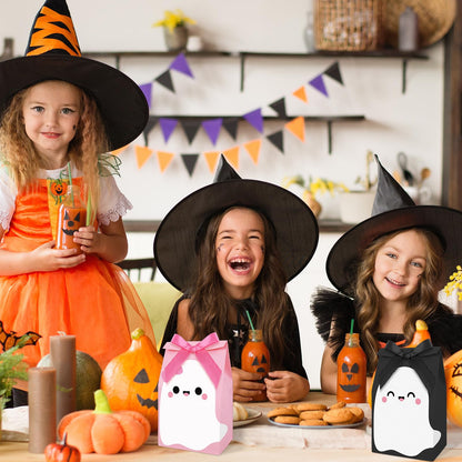 JarThenaAMCS 24Pcs Halloween Party Favor Bags Little Boo Ghost Paper Gift Bags with Black Pink Ribbon Bows Candy Goodie Treat Bag for Birthday Baby Shower Party Supplies
