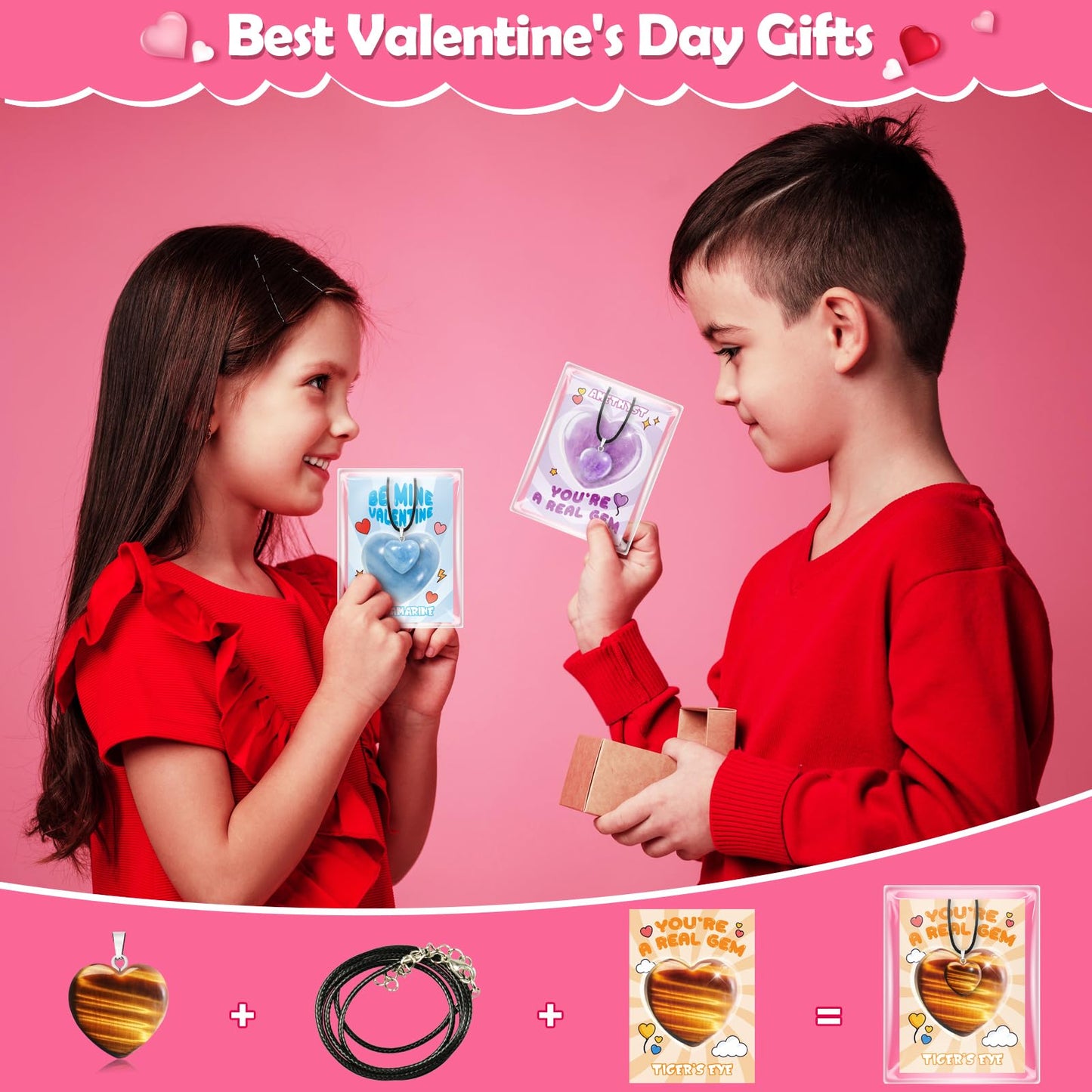 Arfun Valentines Day Cards Gifts for Kids School, 24 Pack Heart Gem Necklaces Valentines Goodie Bags for Classroom, Valentine Exchange Party Favors Rock Crystal Stone Pendants for Girls Boys Class