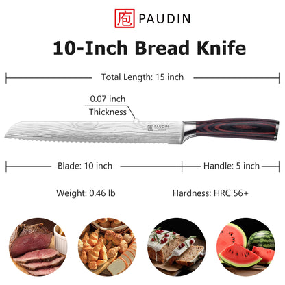PAUDIN Bread Knife, 10 inch Serrated Knife, German Stainless Steel Bread Knife for Homemade Bread, Razor Sharp Edge for Efficient Slicing Sourdough Bread, Bagels, Cake