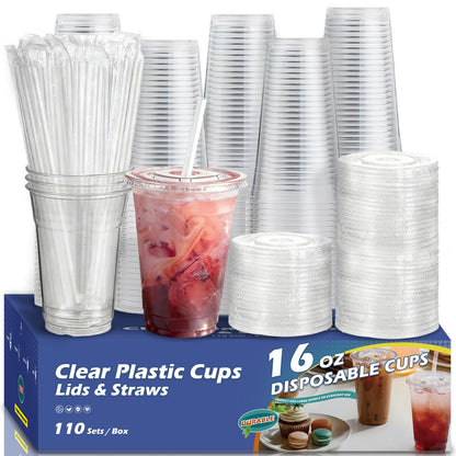 Voatree 110 Pack Clear Plastic Cups with Lids and Straws, 16 oz Disposable Iced Coffee Cups To Go, BPA-Free Cold Drink Cups for Smoothie, Matcha, Parties