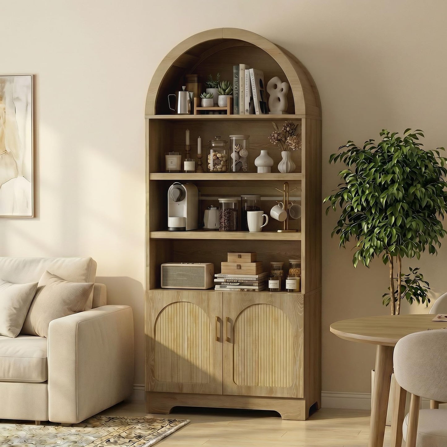 Bestier 71" Tall Arched Kitchen Pantry, Arched Cabinet with Doors, Modern Farmhouse Wood Kitchen Storage Cabinets with 3-Tier Adjustable Shelves for Living Room, Dining Room, Ktichen, Oak
