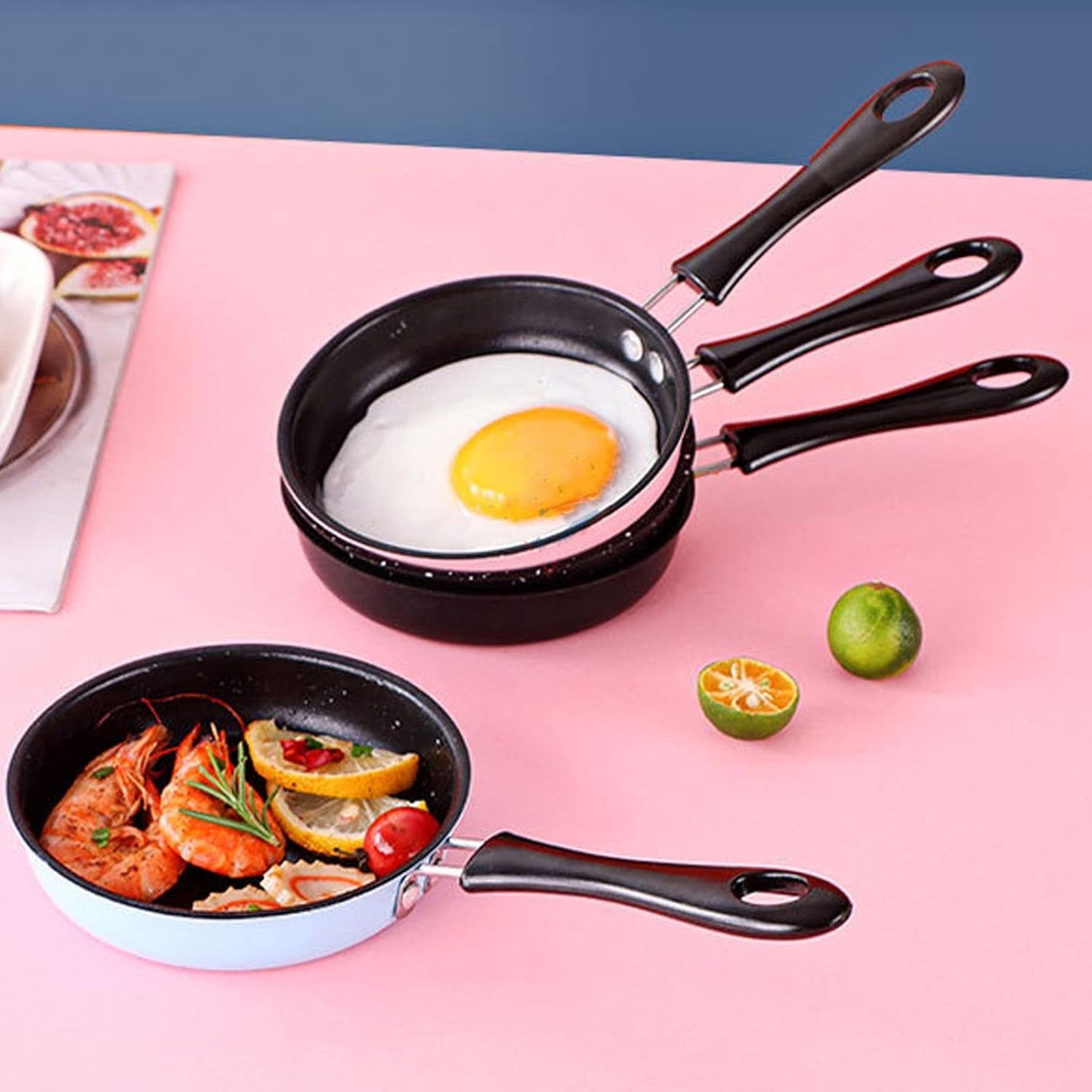 Fdit 12cm Mini Round Egg Fry Pan, Blue Egg Pancake Maker with Long Handle Cookware