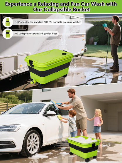 Collapsible Bucket 5.8 Gallon 22L with Wheels Handle Drain Plug Water Outlet and 2 Universal Connectors for Portable Pressure Washer Cordless Car Washing Camping RV Pet Bath Multi-Use