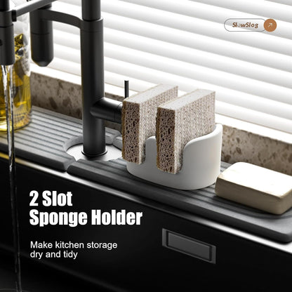 Slow Slog 2 Pack Double Sponge Holder, Diatomite Stone Absorbent Sponge Stand for Kitchen Sink - Quick Dry Organizer for Kitchen Countertop, White