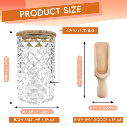 Pesilo 1200ML/42OZ Acrylic Bath Salt Jar, Clear Bath Salt Container with Wooden Scoop and Lid, Large Airtight Storage Canister for Bathroom Kitchen Tea Candy Spice, Bathtub Accessories for Women
