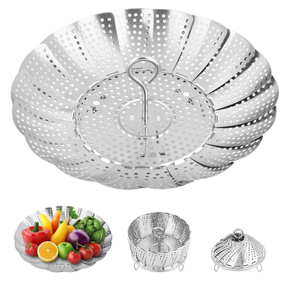 Steamer Basket for Cooking – Premium 304 Stainless Steel Steamer Basket, 3rd Gen Folding Expandable Steamers, Suitable for Cookware Pot, Fit for Fish Vegetables Pasta Eggs (Medium (6.1“ to 10.43”))