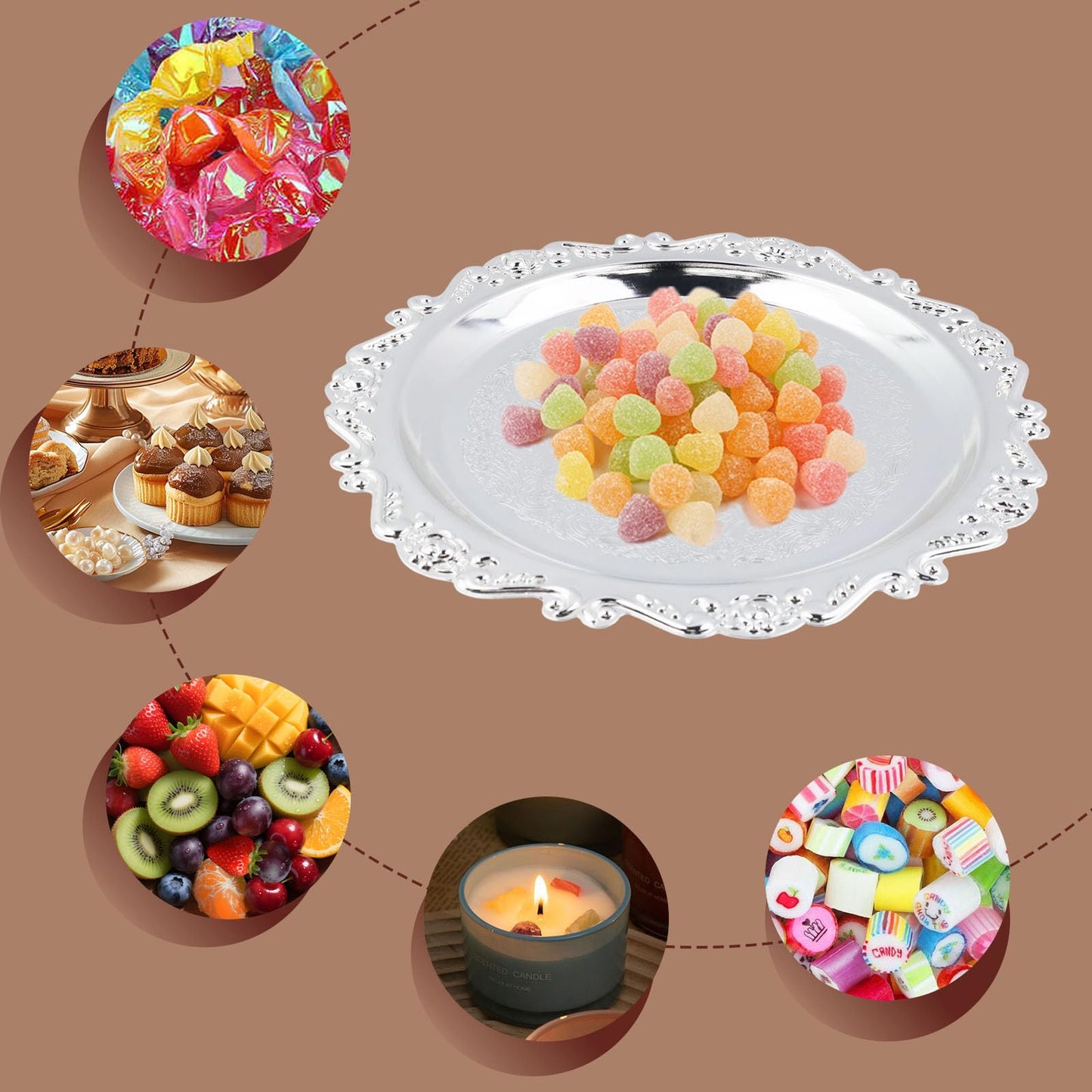 Quluxe Round Platter Serving Tray Metal Reusable Decorative Appetizer Platter Dessert Plate for Kitchen Party Centerpiece Display, 2 Pcs Silver (4 Inch+10 Inch)