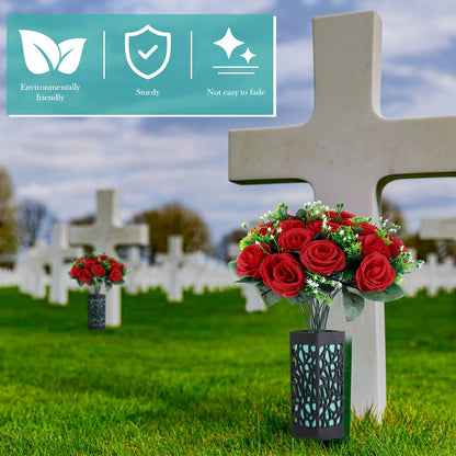 Yahenda 2 Sets Artificial Cemetery Flowers 36 Heads Rose with 2 Grave Markers Flower Holder Vase with Drainage Hole Long Spikes and 2 Floral Foam Blocks for Outdoor Memorials (Red)