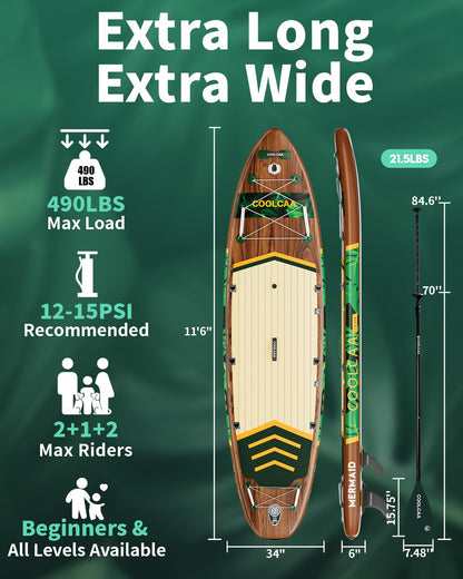COOLCAA Mermaid 11'6" Inflatable Stand-Up Paddle Board, 490Lbs Capacity SUP Board with 34'' Extra Wide, Fishing Paddleboard with Accessories & Bag for Adults Youth (Jungle Echo)