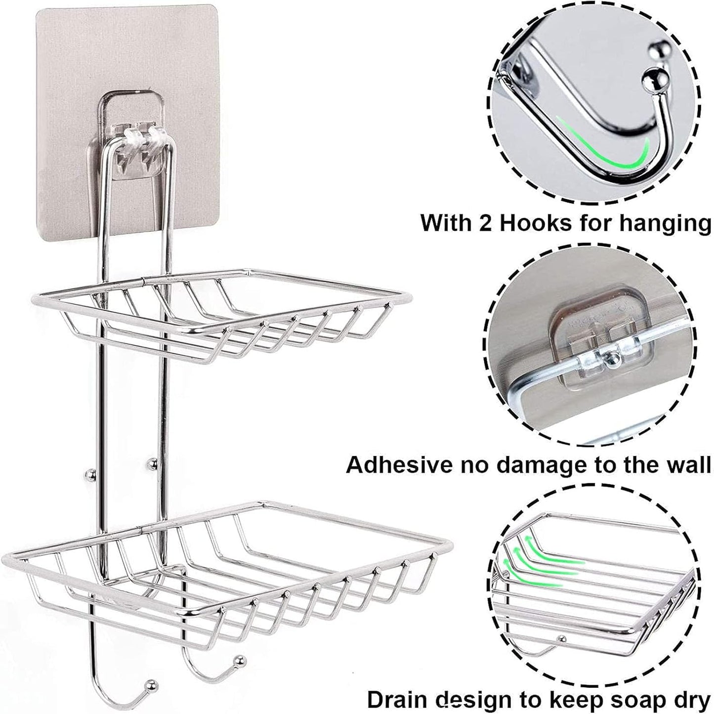 2 Tier Soap Dish with Hooks - Stainless Steel Wall Mounted Soap Holder for Shower Bathroom Kitchen, No Drilling