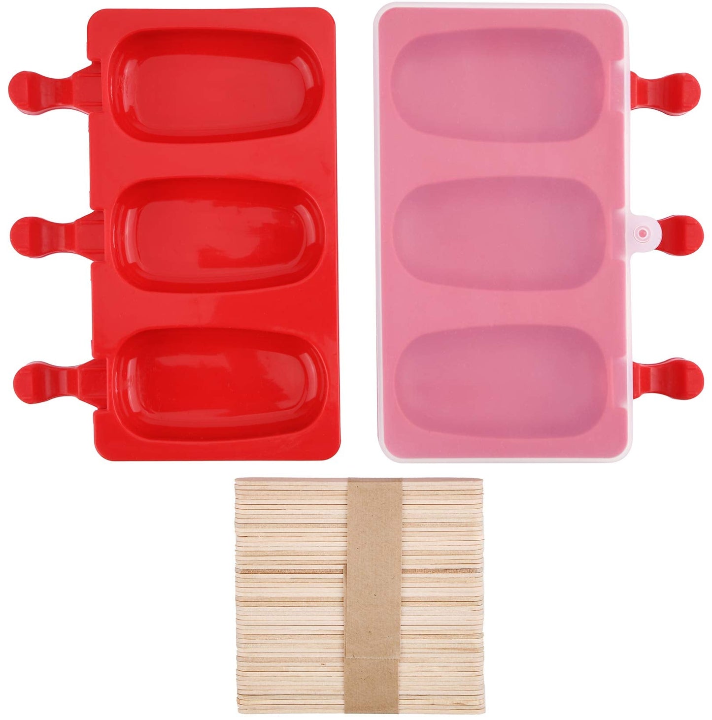 Mirenlife 3 Cavities Silicone Popsicle Molds with Lid, BPA Free Homemade Ice Cream Bar Mold Ice Pop Molds DIY Cakesicle Molds Silicone with 50 Wooden Sticks, Set of 2 (Oval)