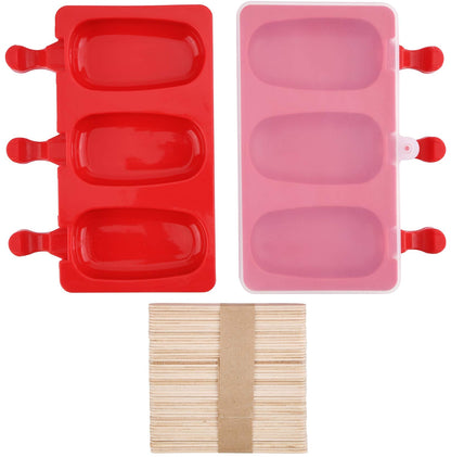 Mirenlife 3 Cavities Silicone Popsicle Molds with Lid, BPA Free Homemade Ice Cream Bar Mold Ice Pop Molds DIY Cakesicle Molds Silicone with 50 Wooden Sticks, Set of 2 (Oval)