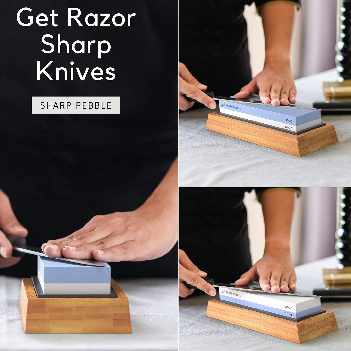 Sharp Pebble Knife Sharpening Stones Kit with 1000/6000 and 3000/8000 Grit with Flattening Stone & Angle Guide