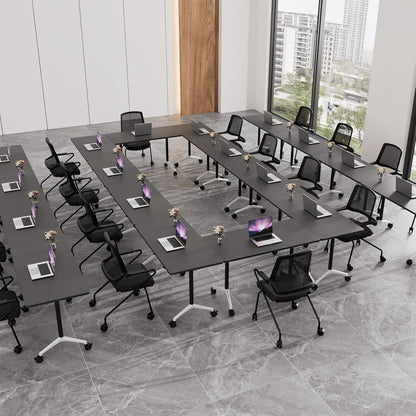 Folding Conference Room Table with Wheels,Flip Top Modular Training Meeting Table,Stackable Mobile Conference Table,Wooden Top Sturdy Frame,Space Saving,for Office,Classroom (4Pack, black, 47.2in)