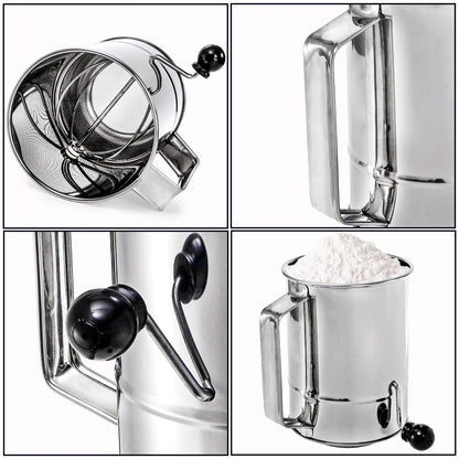 Pumtus 3 Pack Flour Sifter Set, 5 Cup Hand Crank Sifter with 2 Pieces Baker's Dusting Wands, Stainless Steel Fine Mesh Baking Sifter with Agitator Rotary, Powdered Sugar Duster for Baking Dessert
