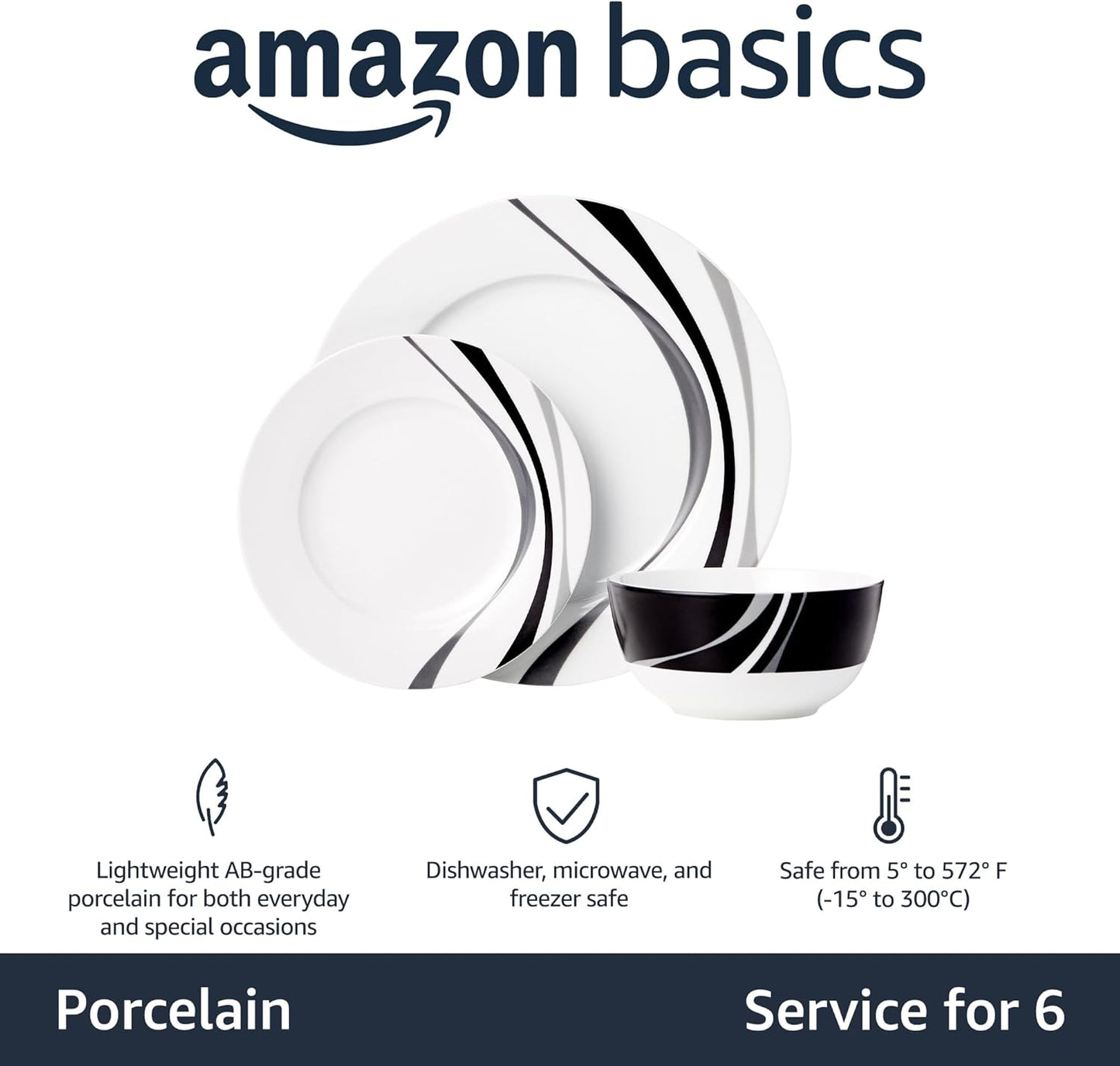 18-Piece Set, 6, Amazon Basics Complete Kitchen Dinnerware Microwave and Dishwasher Safe, Plates, Dishes, Bowls, Swirl