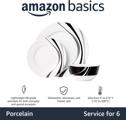 18-Piece Set, 6, Amazon Basics Complete Kitchen Dinnerware Microwave and Dishwasher Safe, Plates, Dishes, Bowls, Swirl