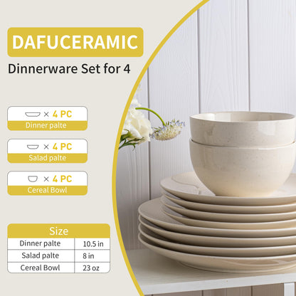 Dafuceramic Plates and Bowls Sets, 12 Pieces Modern Stoneware Dinnerware Set for 4 Kitchen Dinner Set Ceramic Dishware Dishes Set Microwave and Dishwasher Safe (White)