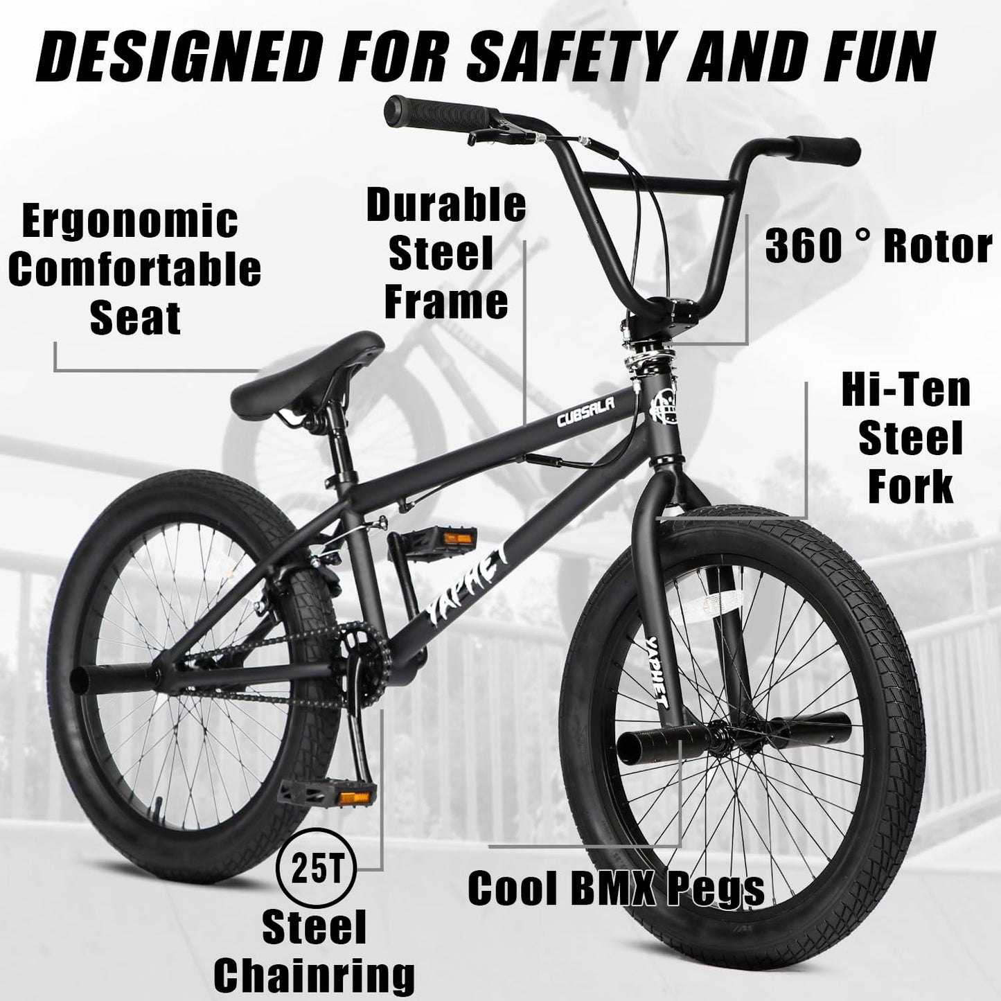cubsala Freestyle BMX Bike, 20 Inch Yaphet Bicycle for Teen Youth Beginner Adult Riders, Bike with 360° Rotating Handlebar and 4 pegs, Color Black