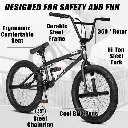 cubsala Freestyle BMX Bike, 20 Inch Yaphet Bicycle for Teen Youth Beginner Adult Riders, Bike with 360° Rotating Handlebar and 4 pegs, Color Black