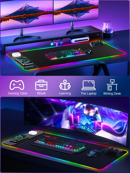 Mouse Pad with Wireless Charging, Large Desk Mat RGB Gaming Mousepad, 10 Light Colors LED Gaming Pad Keyboard Pad with Ultra-Smooth Surface & Non-Slip Rubber Base, Waterproof Full Desk Mouse Pad