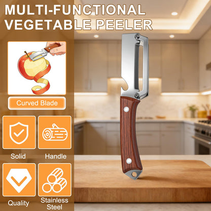 2026 Upgrade Premium Vegetable Peeler with Wooden Handle and Bottle Opener, Multifunctional 3-in-1 Stainless Steel Kitchen Tool for Fruit Apple Potato Pumpkin Papaya (Wood Grain + Black Pattern)