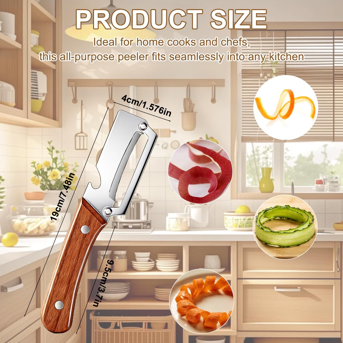 2 Pcs Multi-Functional Vegetable Peeler for Kitchen, Premium Vegetable Peeler with Wooden Handle and Bottle Opener, Stainless Steel Blade Kitchen Tool for Fruit Apple Potato Pumpkin Papaya Carrot