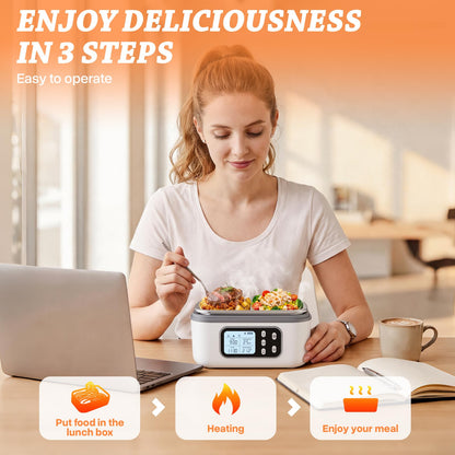 SOUOA Cordless Heated Electric Lunch Box for Adults with Automatic Heating, 100W Portable Food Warmer Battery Powered with Scheduled Heating, 6.3 Cup Food Heater for Men/Work/Office/Car/Truck (White)