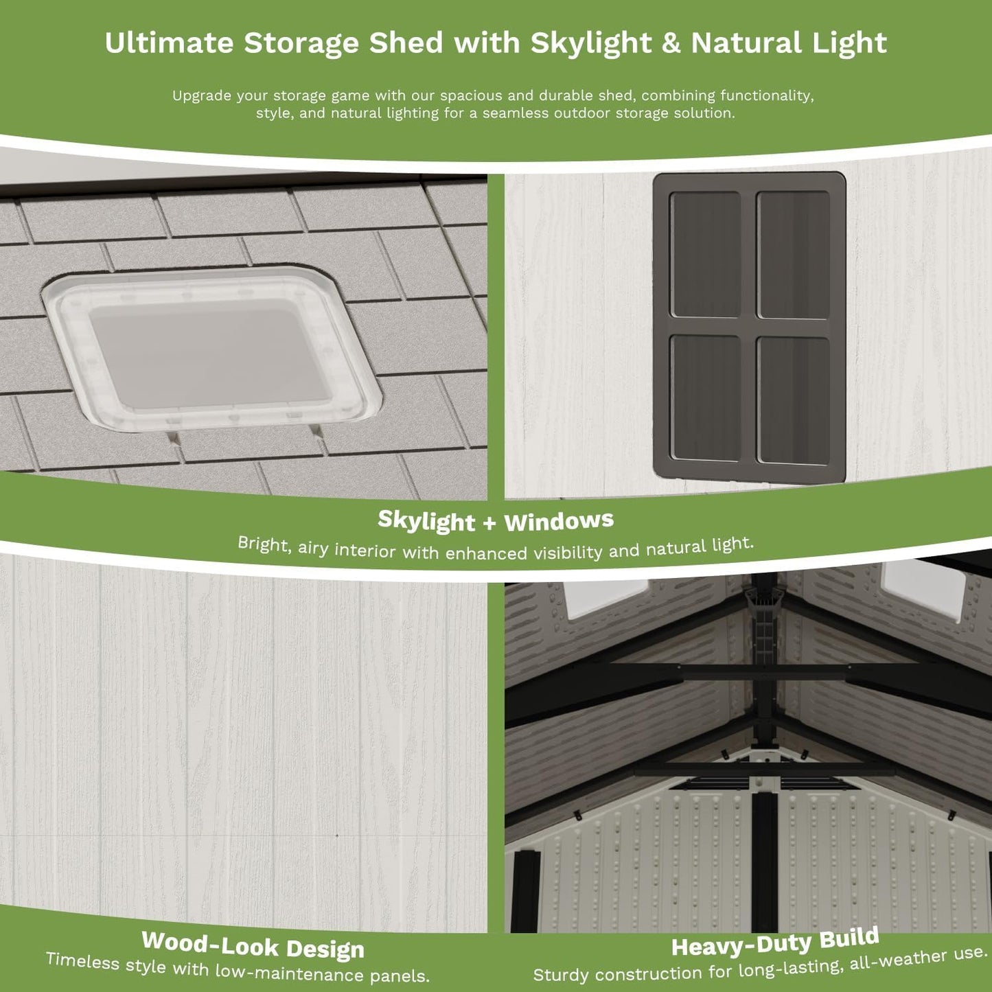 Patiowell 10 x 14 FT Outdoor Storage Shed, Plastic Shed with Floor and Skylight, Resin Storage Shed with Four-Window and Lockable Door for Garden, Patio, Backyard, Beige
