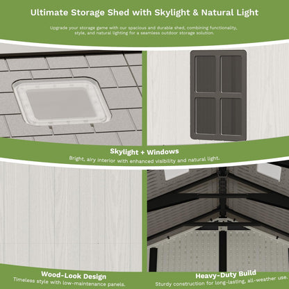 Patiowell 10 x 14 FT Outdoor Storage Shed, Plastic Shed with Floor and Skylight, Resin Storage Shed with Four-Window and Lockable Door for Garden, Patio, Backyard, Beige